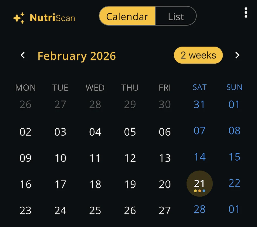 A NutriScan calendar in 2-week view for February 2026 with the 21st selected, showing color-coded meal indicators on the active day