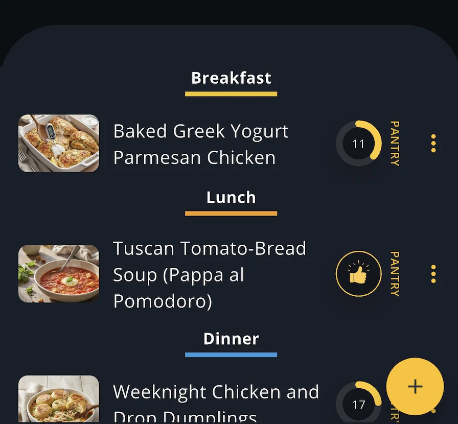 A daily meal list with Baked Greek Yogurt Parmesan Chicken under Breakfast, Tuscan Tomato-Bread Soup under Lunch, and Weeknight Chicken and Drop Dumplings under Dinner — each with a pantry readiness ring