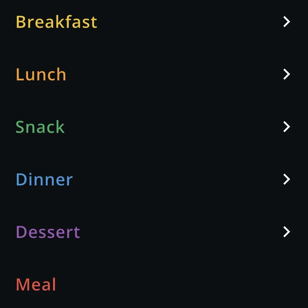 A meal type list showing Breakfast in yellow, Lunch in orange, Snack in green, Dinner in blue, Dessert in purple, and Meal in red