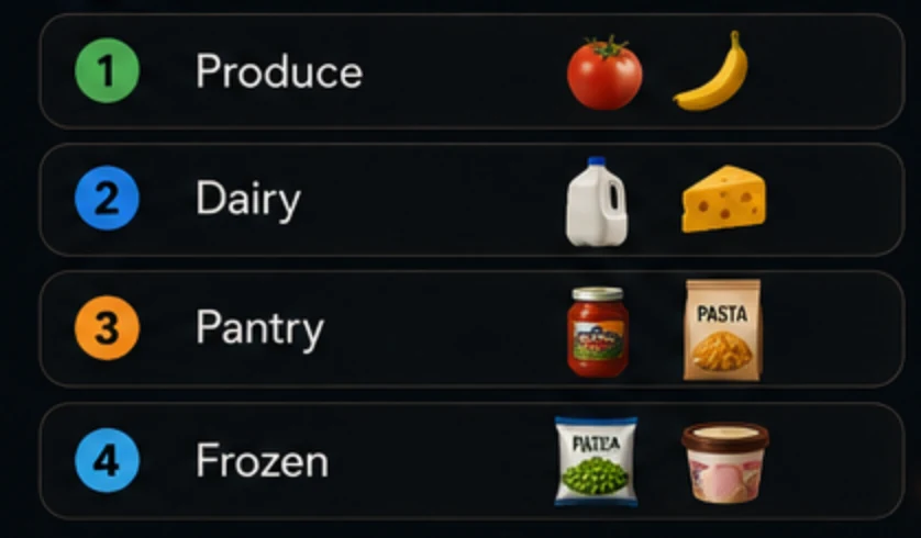 Aisle list — 1 Produce (tomato, banana), 2 Dairy (milk, cheese), 3 Pantry (sauce, pasta), 4 Frozen (peas, ice cream)