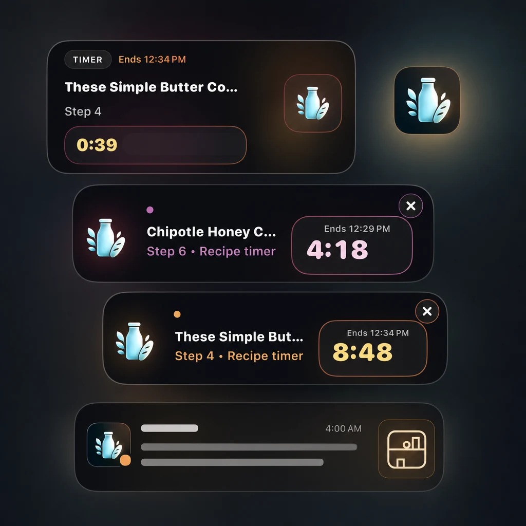 Live notifications: a recipe timer for These Simple Butter Cookies at Step 4 ending 12:34 PM, an active recipe timer for Chipotle Honey Chicken at Step 6 with 4:18 remaining, another timer at 8:48, and a 4:00 AM expiry alert for an item in your kitchen