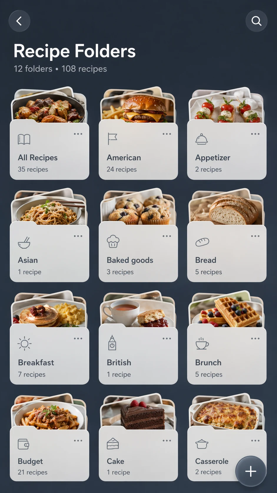 Recipe Folders screen with 12 folders and 108 recipes — All Recipes, American, Appetizer, Asian, Baked goods, Bread, Breakfast, British, Brunch, Budget, Cake, Casserole — each folder card stacked with a food photo above its title and recipe count