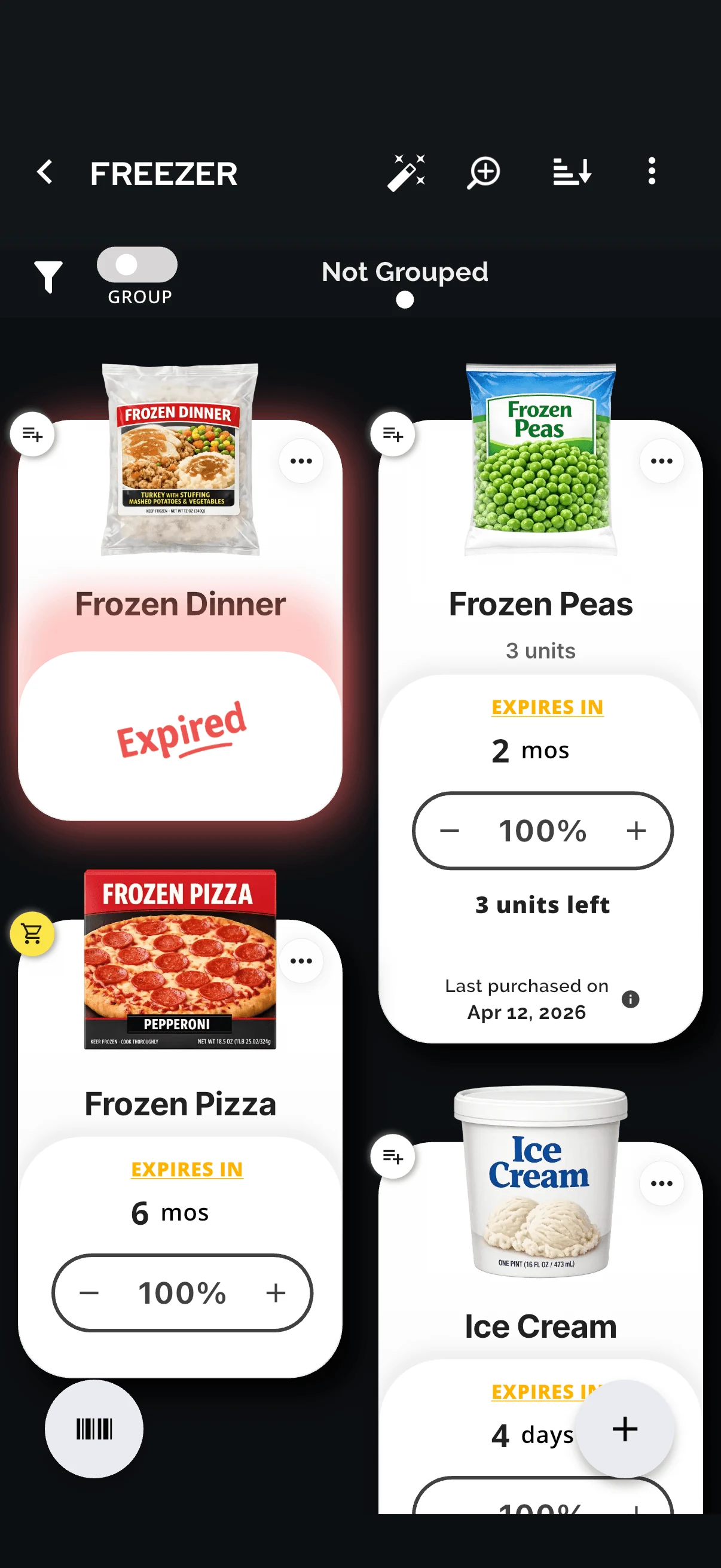 Freezer view showing expired frozen items moved to the top